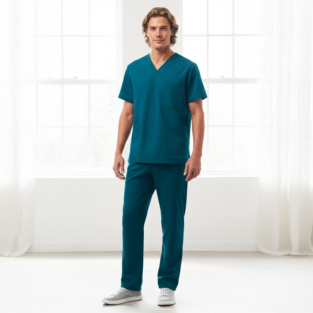 Teal v-neck unisex Pulse straight leg scrub pant set