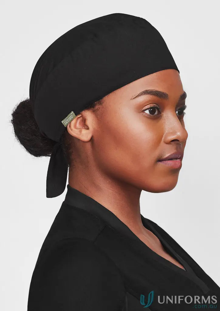 Black reversible scrub cap with silver clip, perfect for antibacterial protection and a smart scrub look