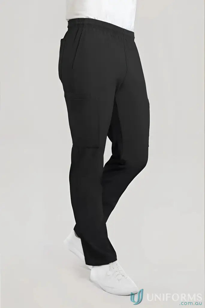 Black athletic style unisex scrub pants with white t-shirt and athletic shoes