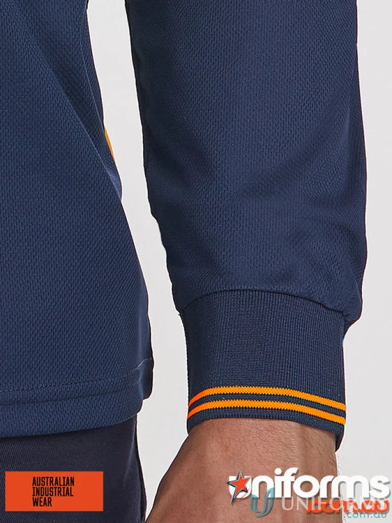 Navy long-sleeved segmented LS Polo shirt with striped cuffs showcasing winning spirit spirit sw86