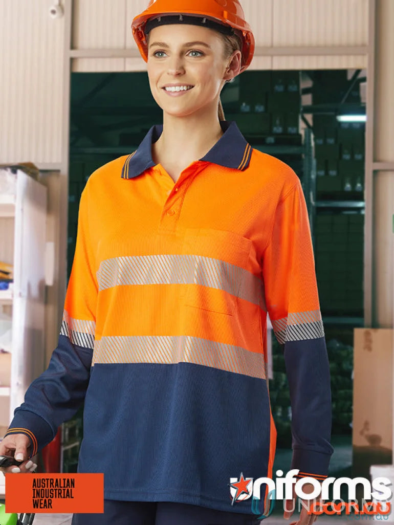 Orange and navy segmented LS Polo work shirt showcasing winning spirit and Spirit SW86 design