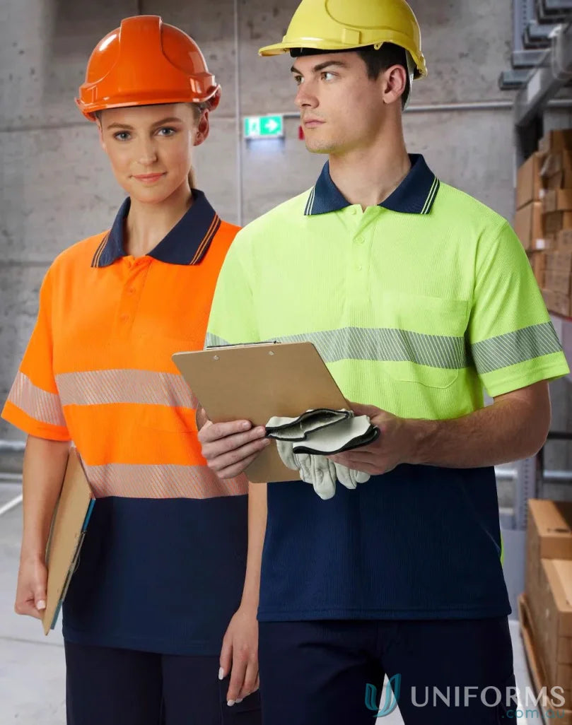 Unisex SW85 cooldry segmented polo with two-tone high-vis work shirts and matching colour buttons