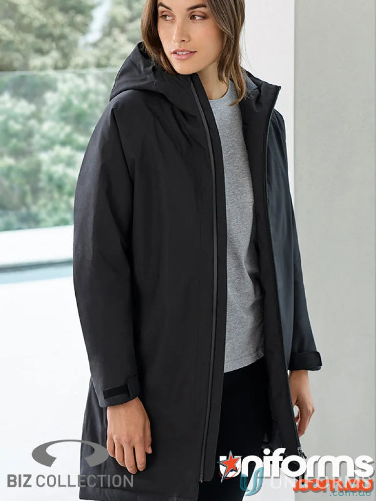 Black hooded raincoat from Unisex Sphere Jacket with waterproof features and recycled polyester lining