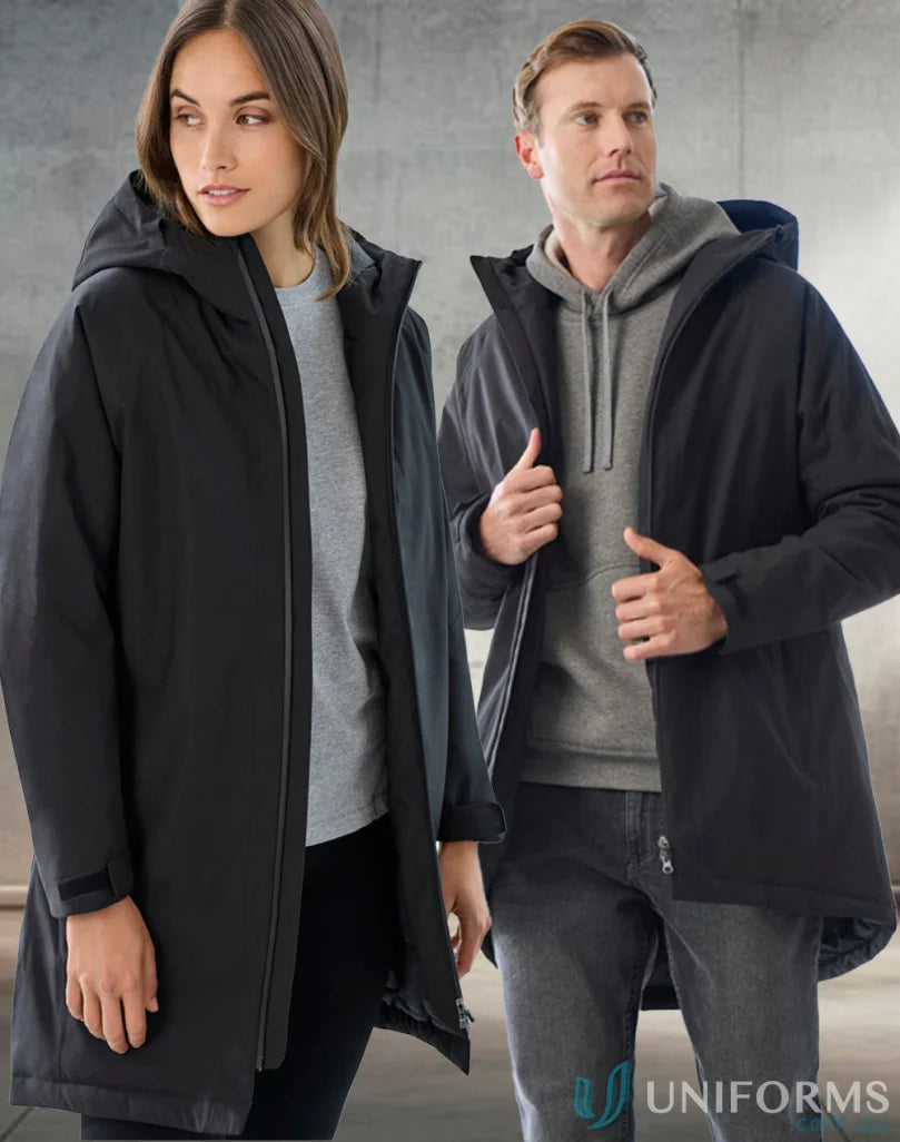 Two people in black hooded unisex sphere jackets with waterproof features and recycled polyester lining