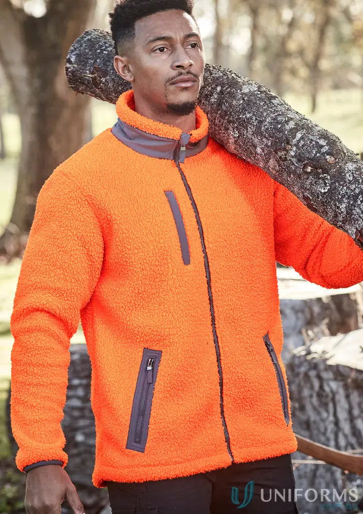 Men’s bright orange zip sherpa fleece jacket with gray accents, super warm and comfy
