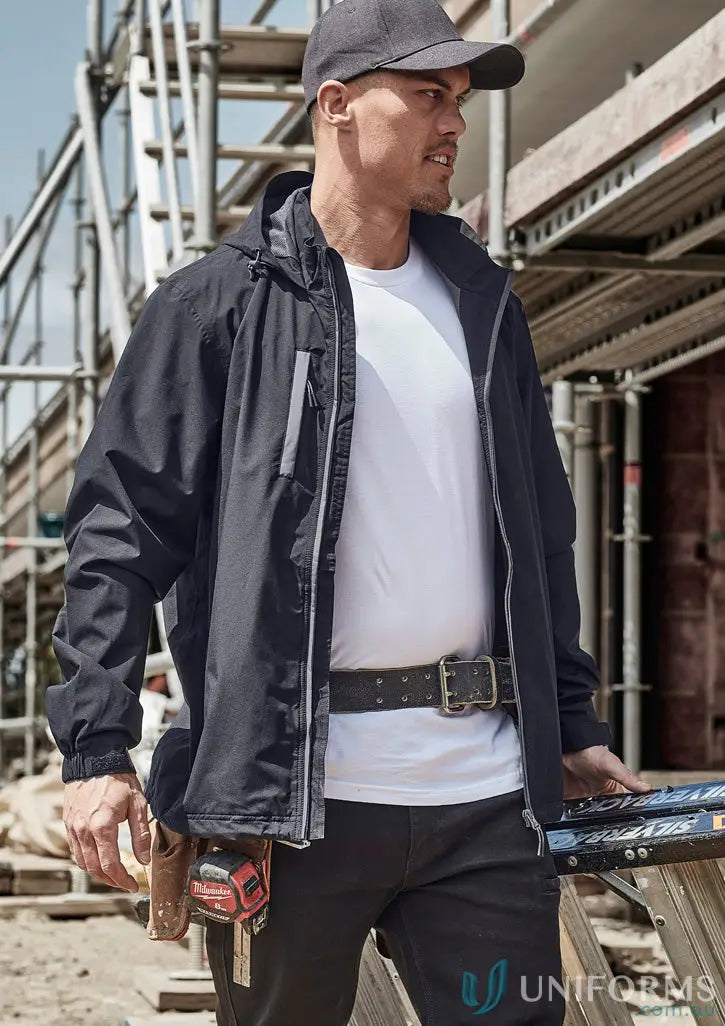 Construction worker in work clothes wearing unisex super light packable rain jacket zj260
