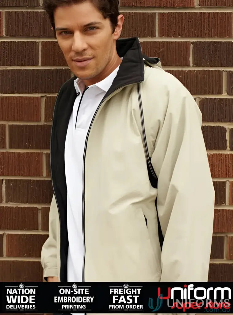 Beige and black reversible jacket with stretchy ribbed cuffs for unisex three-in-one style