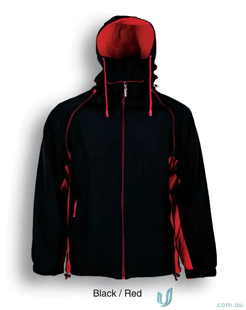 Black and red hooded jacket with stretchy ribbed cuffs, part of the Unisex Three In One Jacket collection