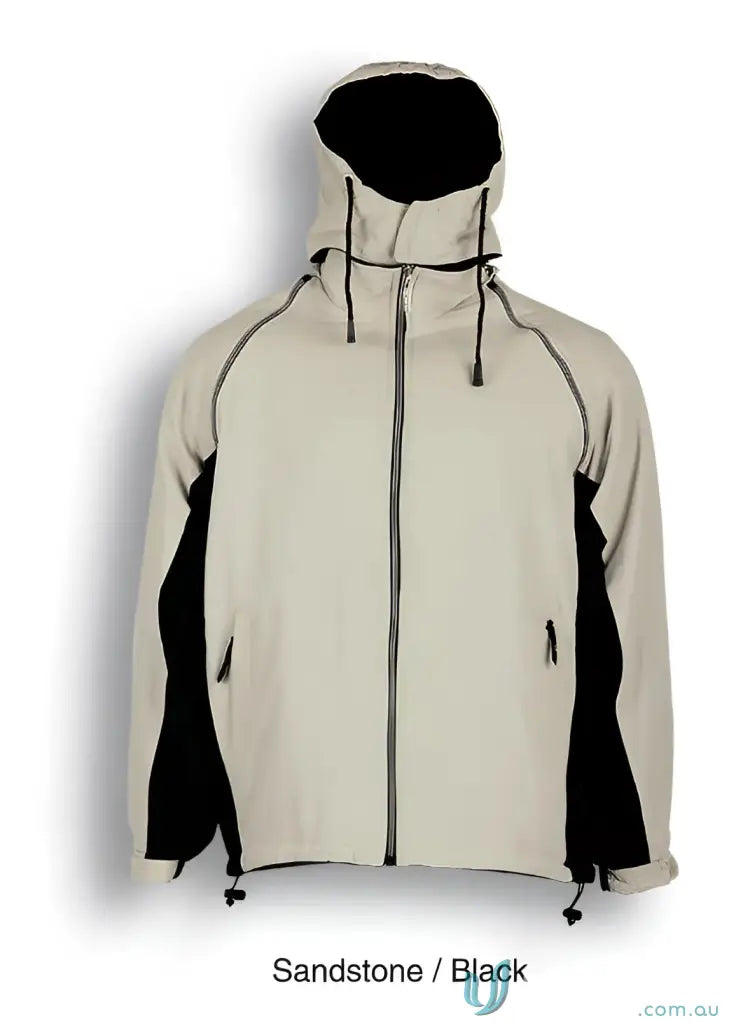 Sandstone and black hooded jacket from Unisex Three In One Jacket with stretchy ribbed cuffs