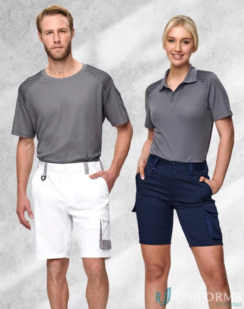 Two models wearing matching gray cargo work shorts in stretch drill fabric for utility stretch cargo style