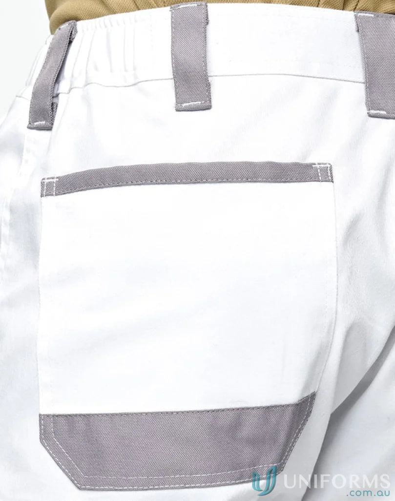 White work pants with gray accents from Unisex Utility Stretch Cargo Work Shorts featuring stretch drill fabric