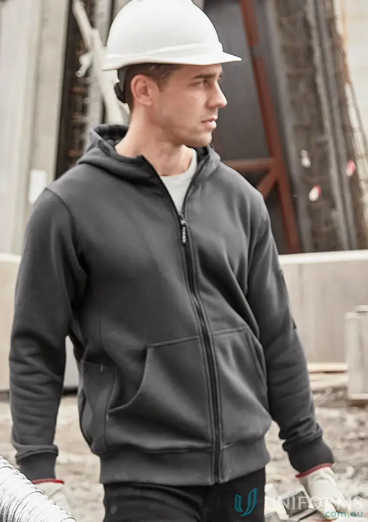 Gray zip-up hoodie with multiple pockets, perfect for hardworking heroes and stress points