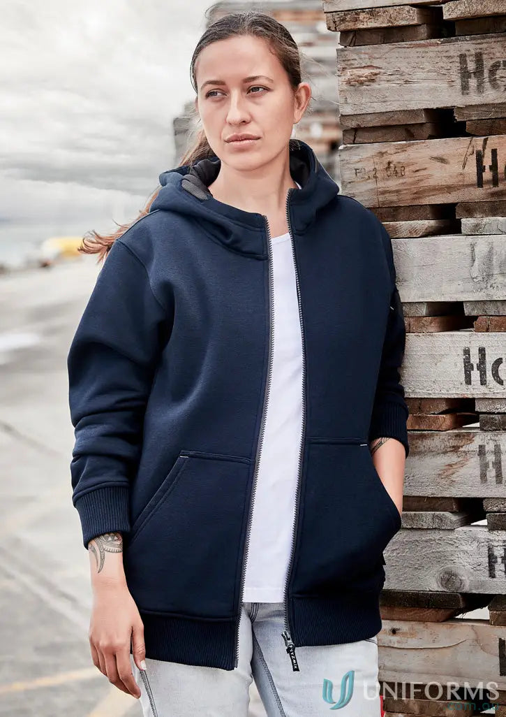 Navy blue unisex multi pocket hoodie with stress points, perfect for hardworking heroes