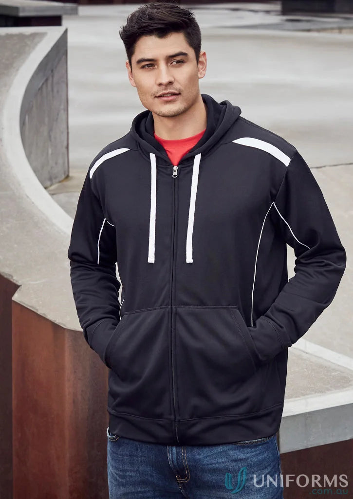 United Contrast Hoodie in black with white accents, made from polyester performance fleece