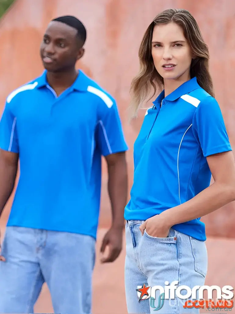 Matching blue polo shirts from Utd Polo P244ms in the Modern Fit Biz Collection United Polo