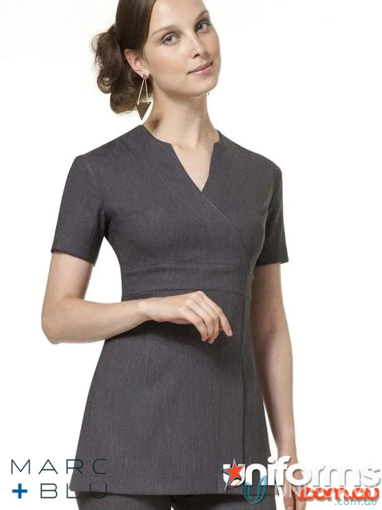 Gray women’s uniform top in Santiago linen-look fabric with empire-line waist from Marc Blu