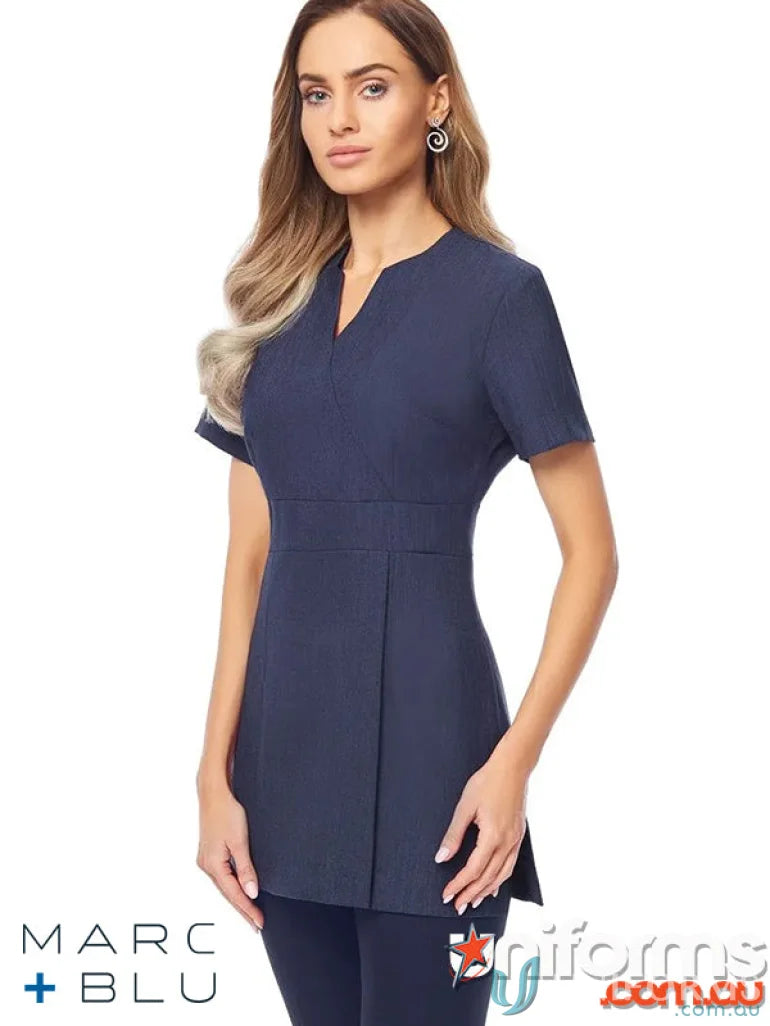 Navy blue V Neck Tunic Top in Santiago linen-look fabric with empire-line waist by Marc Blu