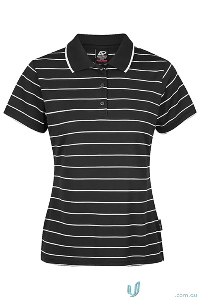 Black and white striped Vaucluse Lady Polo shirt made from comfy fabric, perfect for uniforms