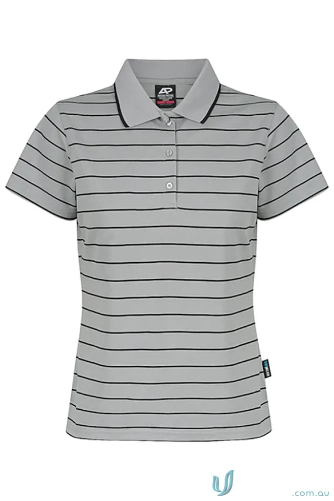 Vaucluse Lady Polo shirt in light grey with black stripes, perfect for uniforms and polo wear