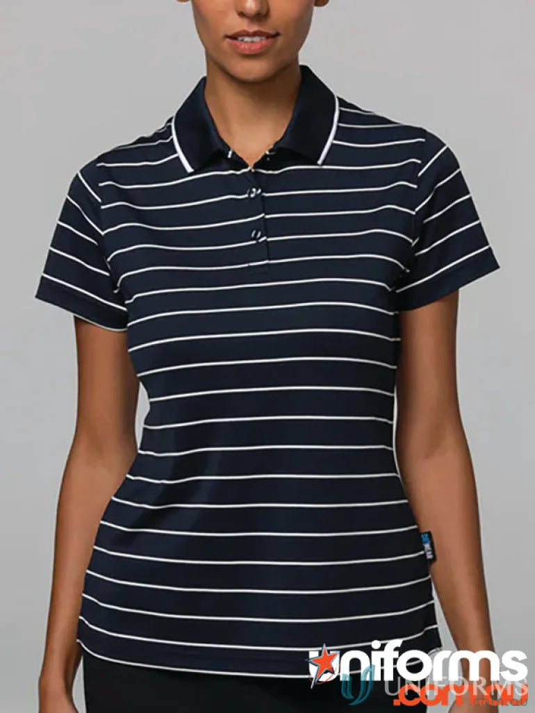 Vaucluse Lady Polo shirt with navy blue fabric, white stripes, and white collar