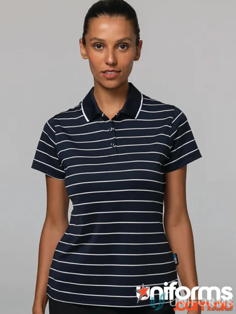 Vaucluse Lady Polo shirt in navy blue with white stripes, perfect for polos and uniforms