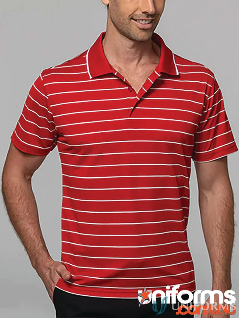 Vaucluse Mens Polo shirt in red with white stripes, perfect for casual uniforms
