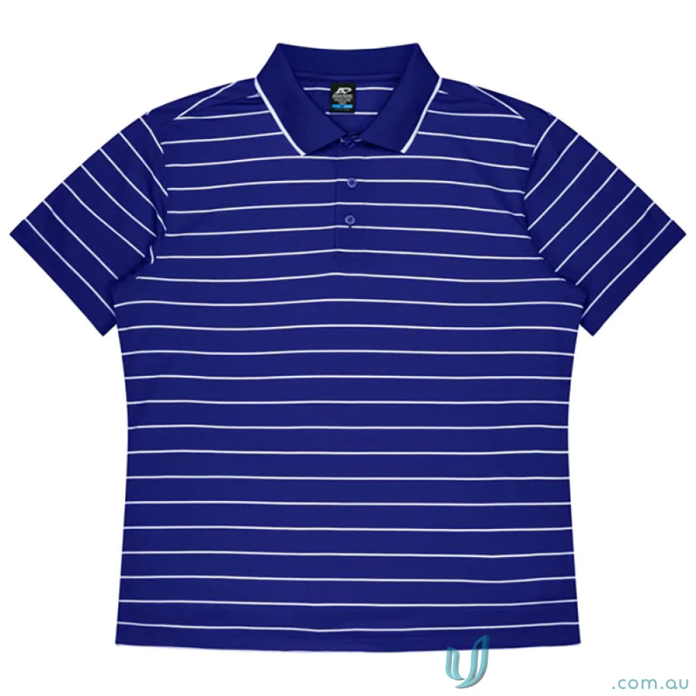 Royal blue Vaucluse Mens Polo with thin white stripes and comfy fabric perfect for uniforms