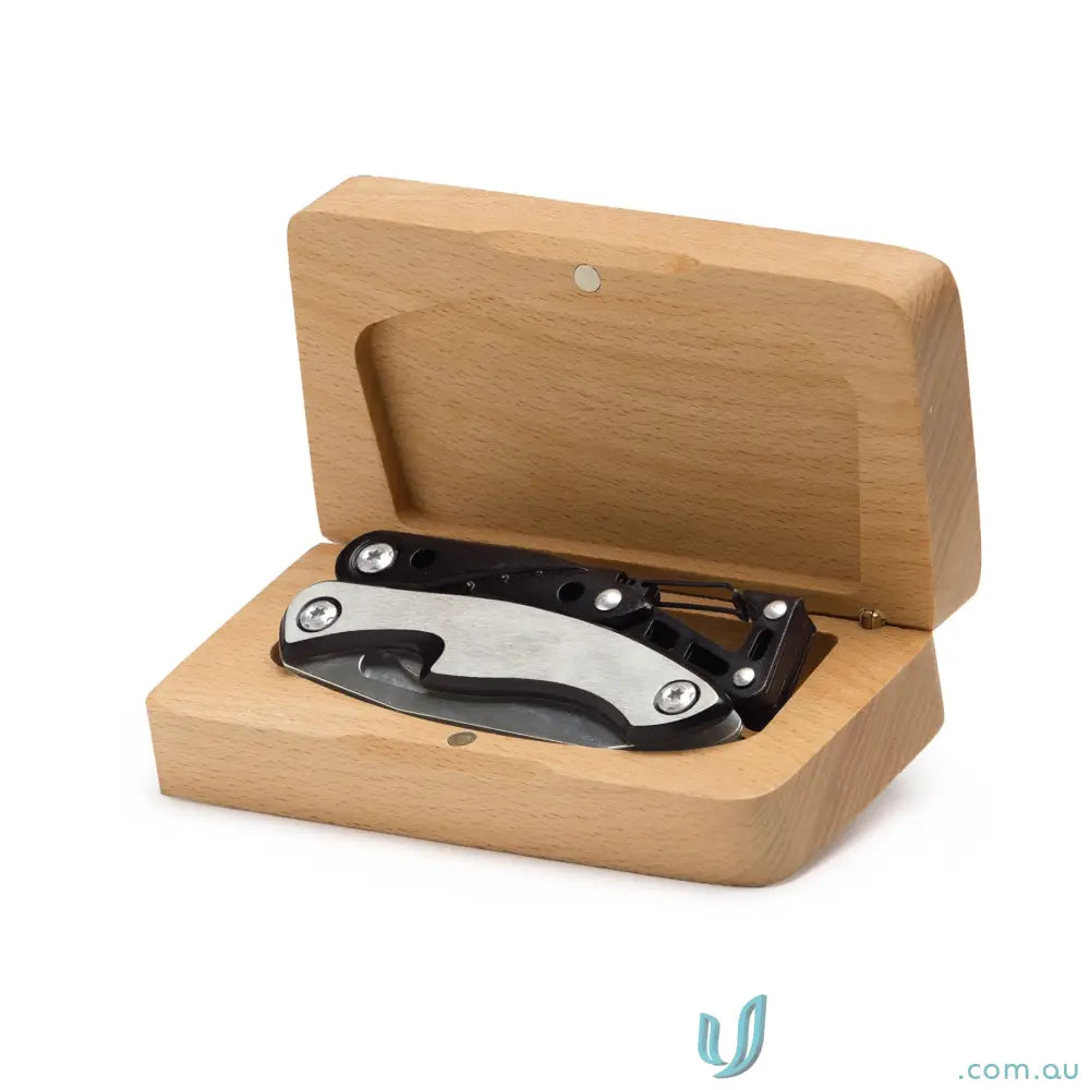 VersaGrip Multi Tool with 420j2 Drop Blade in a wooden gift box, stainless steel design