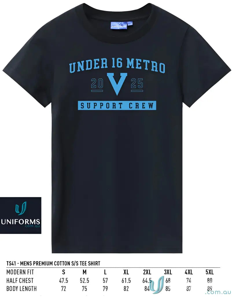 Black Vic Metro Adult Tee with brighton premium cotton and Under 16 Metro Support Crew graphic