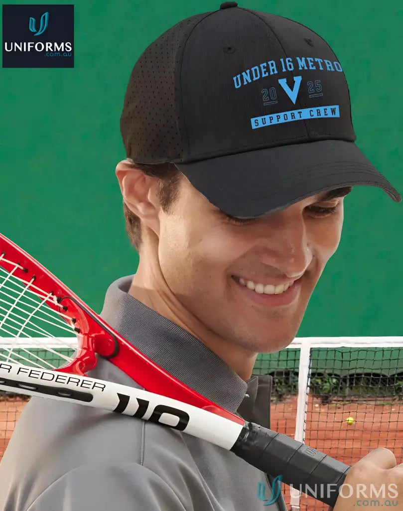 Black Vic Metro Cap with blue stretch laser cut lettering, perfect runner’s cap