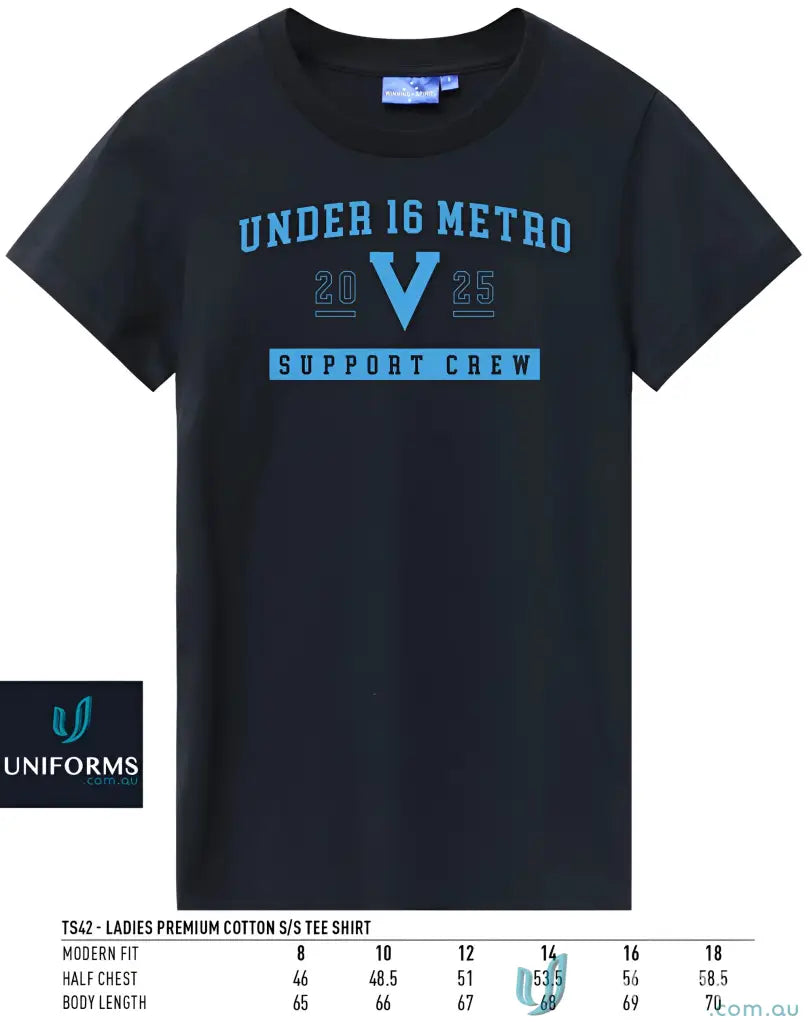 Black Vic Metro Ladies Tee with blue graphic print, comfy premium cotton tee for women