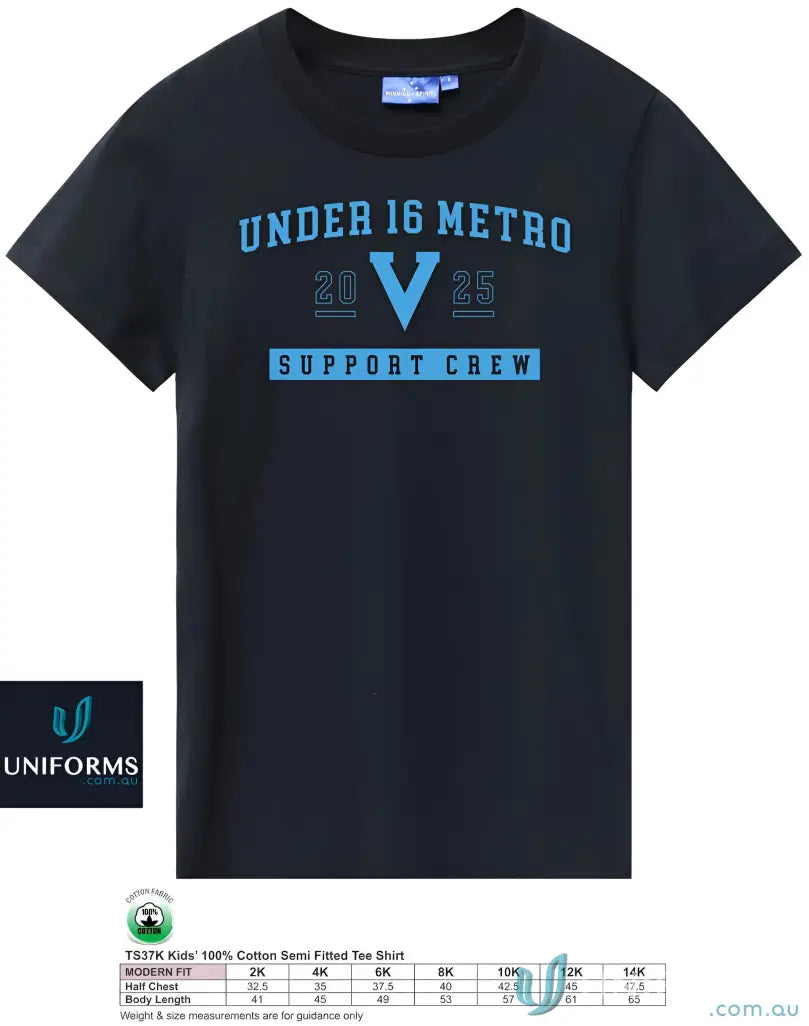 Black Vic Metro Youth Tee with blue graphic design, ts37k savvy tee style