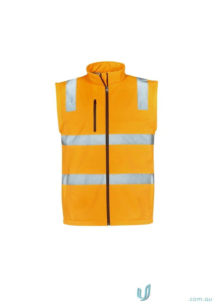 Orange safety vest with reflective stripes on VIC Rail 2in1 Softshell Jacket for visibility