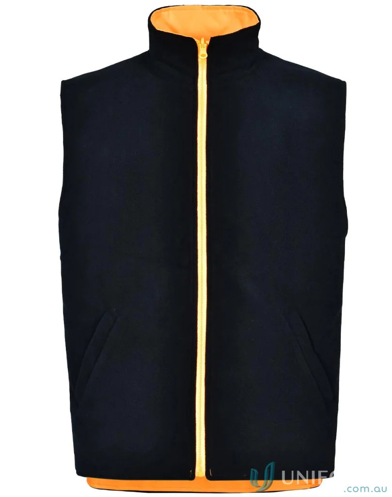 Black VIC Rail 3in1 safety vest with orange collar, yellow zipper, and front pockets