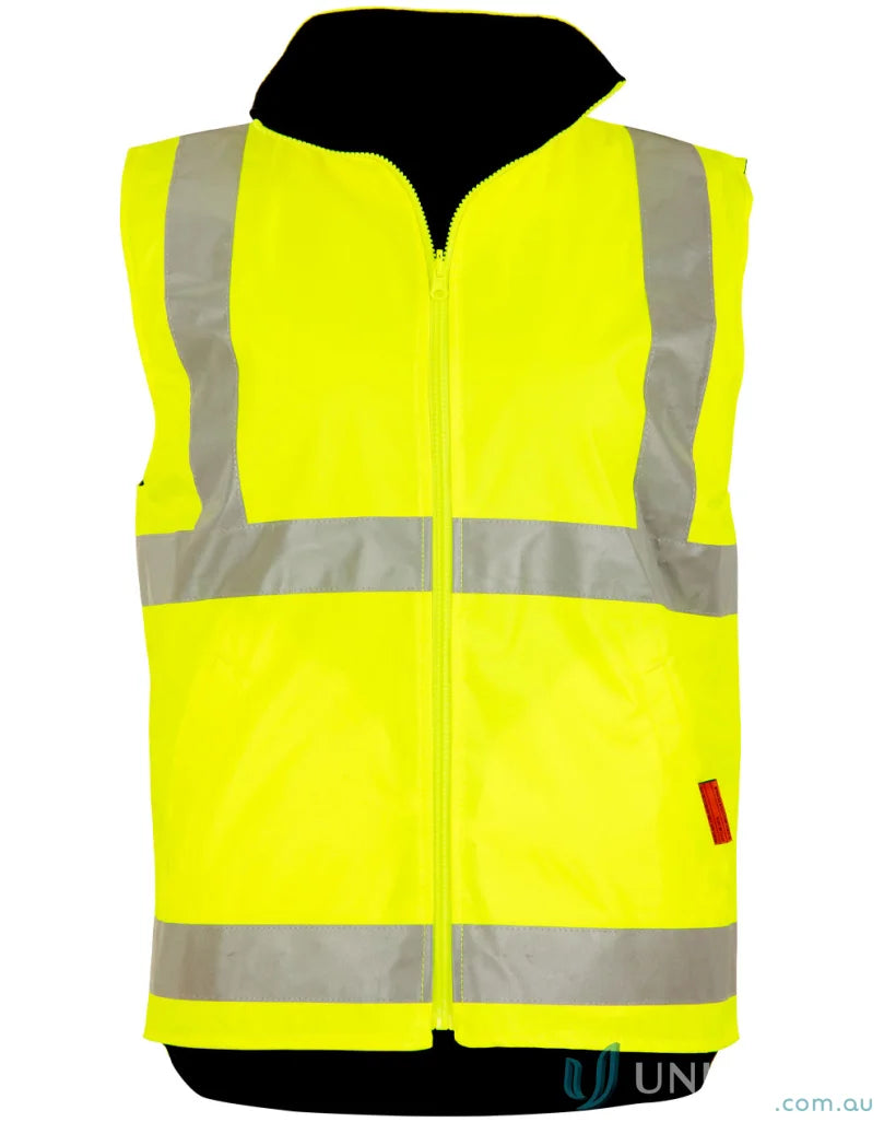 Bright yellow VIC Rail 3in1 safety vest with reflective stripes and black collar