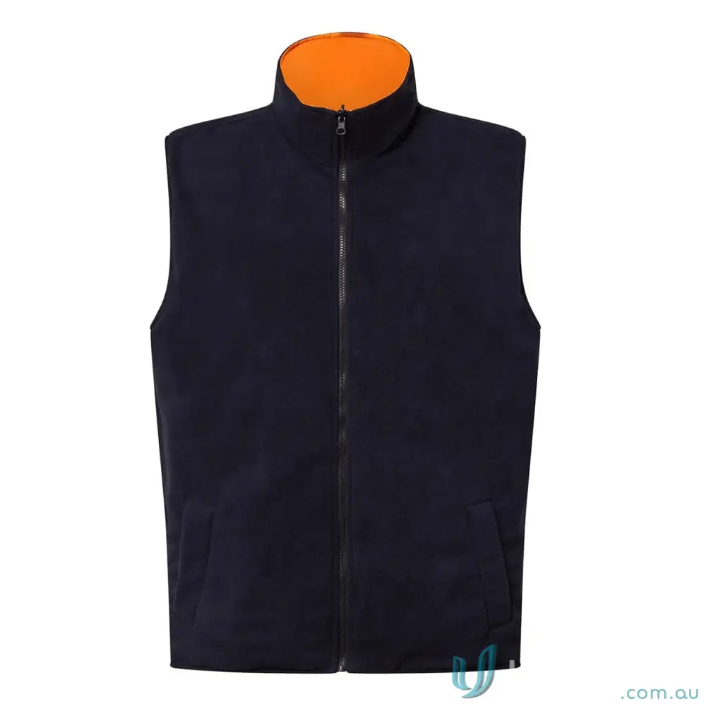 Navy blue sleeveless vest with orange collar, full zipper, part of VIC Rail 4 in 1 vis reflective jacket