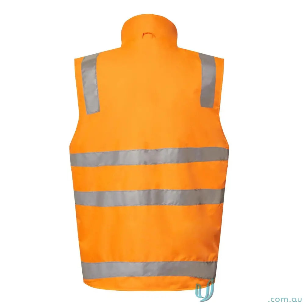 Orange high-visibility safety vest with reflective stripes from VIC Rail 4 in 1 Hi Vis Reflective Jacket