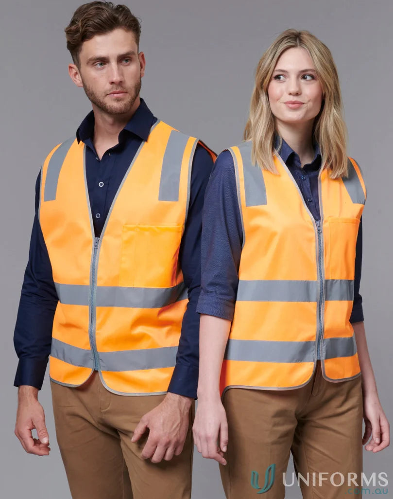 Orange VIC Rail HiVis Safety Vests with reflective stripes worn by a man and woman