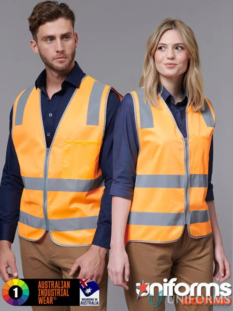 Two people rocking bright orange VIC Rail HiVis Safety Vest with reflective stripes