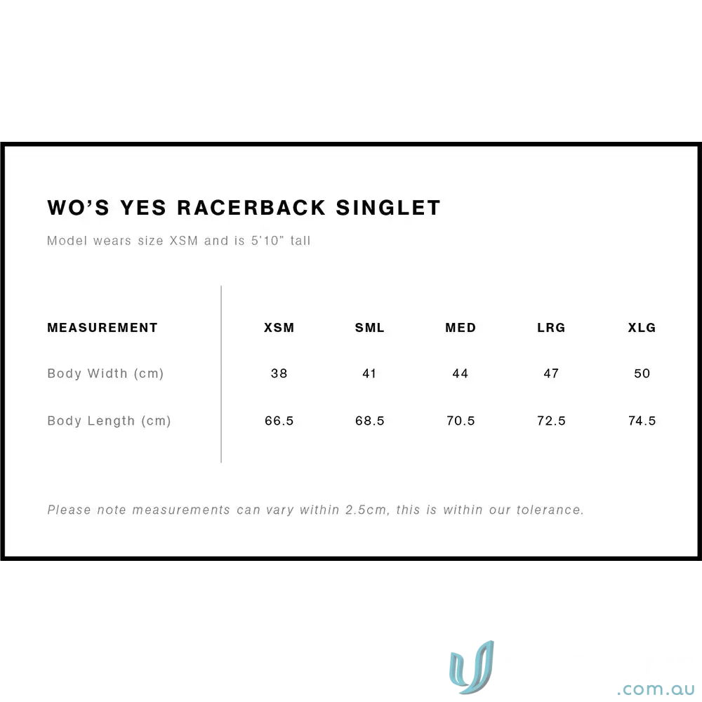 Size chart for Vida Fitness Ladies Raceback Top women’s fitness ladies raceback singlet