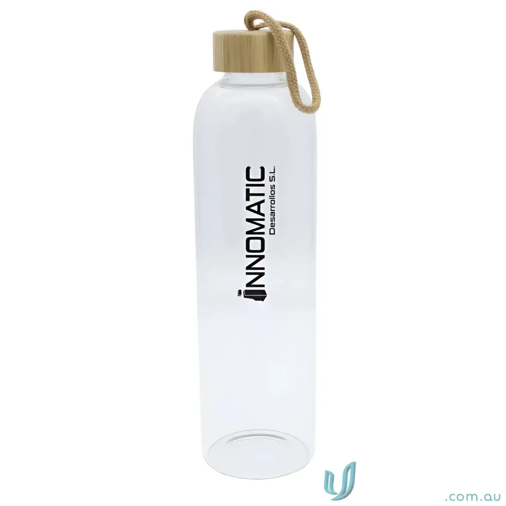 Clear borosilicate glass water bottle with natural bamboo lid and rope handle