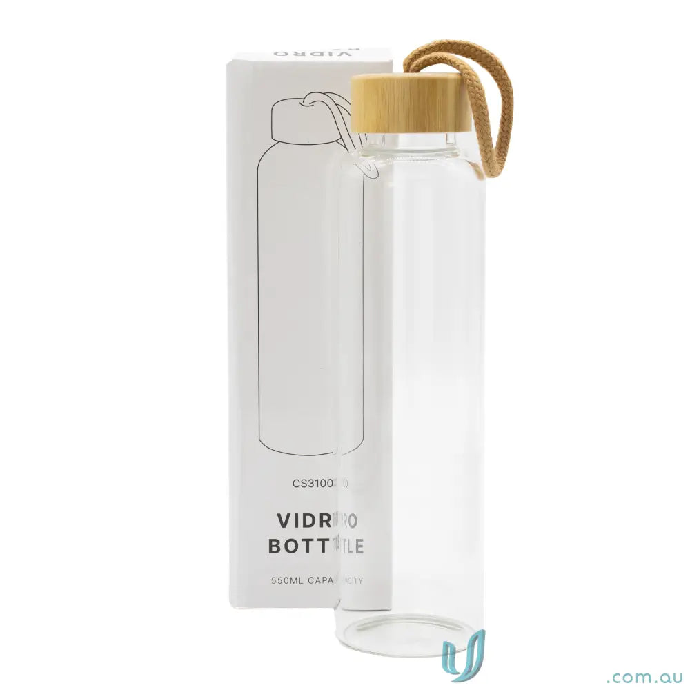 Clear borosilicate glass water bottle with bamboo lid and carrying loop