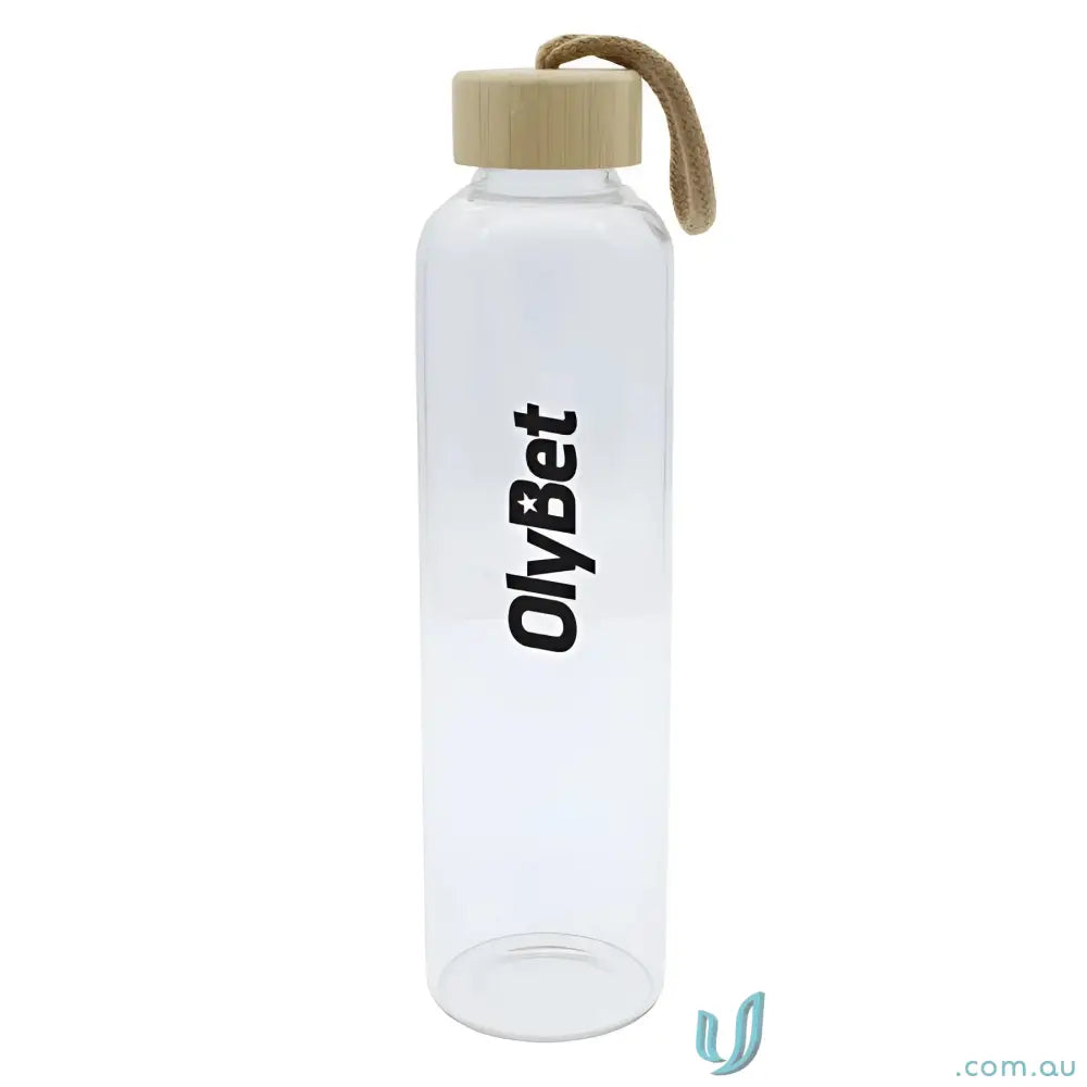 Clear vidro 750ml borosilicate glass water bottle with wooden lid and carry loop