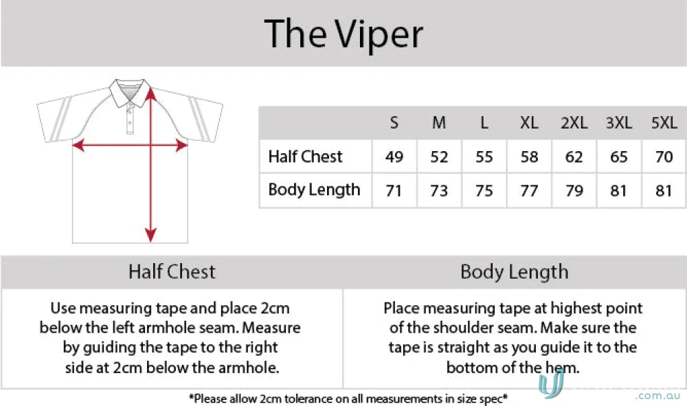 Clothing size chart for Viper SS Polo showcasing cooldry moisture management technology