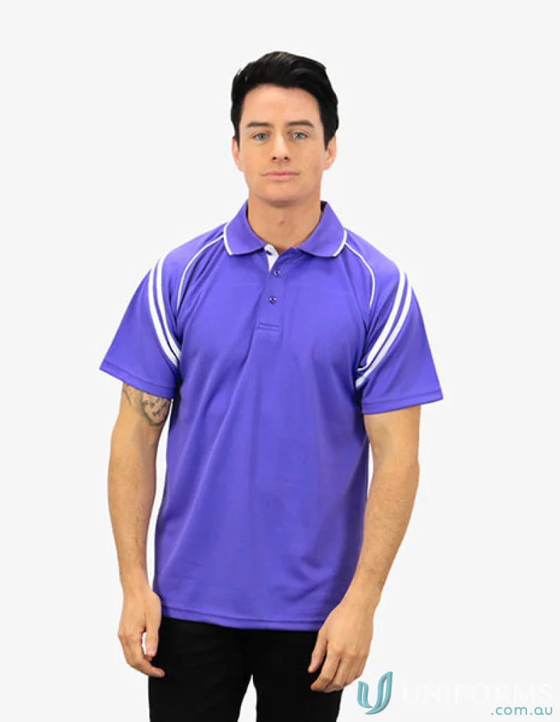 Viper SS Polo purple polo shirt with white stripes featuring CoolDry moisture management tech