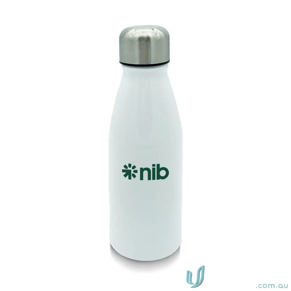 White Vita Aluminium 450ml water bottle with silver cap, durable single-wall aluminium design