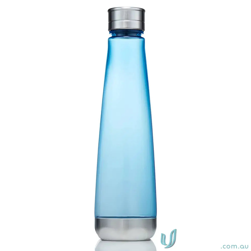 Blue Tritan water bottle with metal cap and base for stylish durable hydration