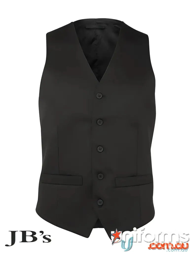 Black buttoned vest from JBs Waiting Vest collection showing detailed sizing specs