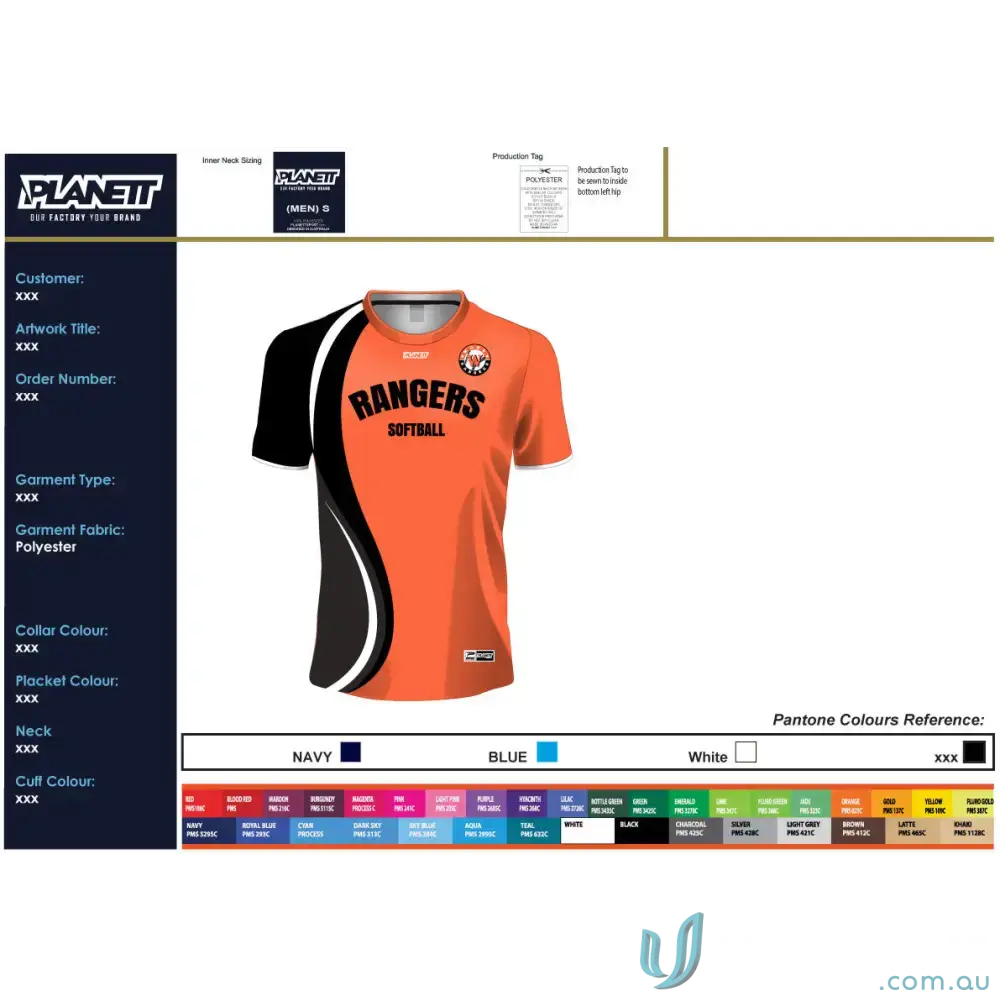 Orange and black Wang Rangers softball jersey with high-tech moisture removal sports fabric