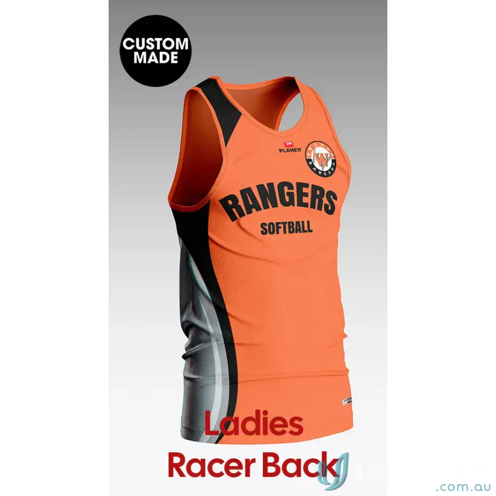 Orange and black racerback softball jersey from Wang Rangers Ladies Racer Singlet
